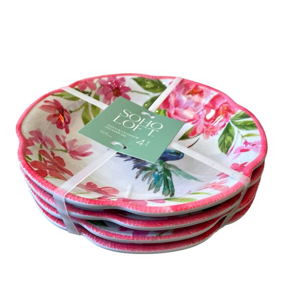 SOHO LOFT Hummingbird Pink Floral Melamine Salad Bowls 8in Set of 4 Spring NEW - Picture 11 of 15